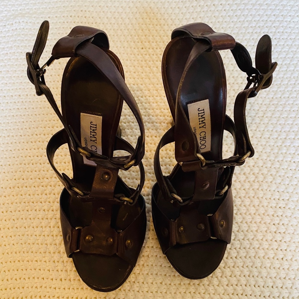 Jimmy Choo Brown Leather Sandals 5” Heels